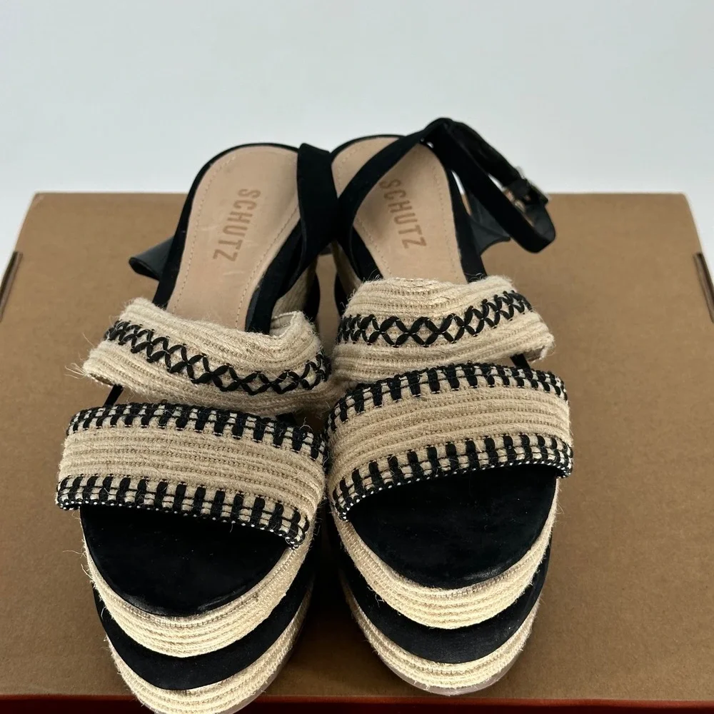Schutz Denes‎ Platform Espadrilles Black Cream Open Toe Sandal 6.5 Summer Resort